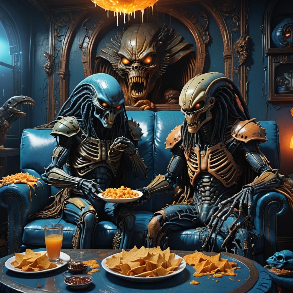 Alien and Predator Share Nachos: Surreal Digital Art