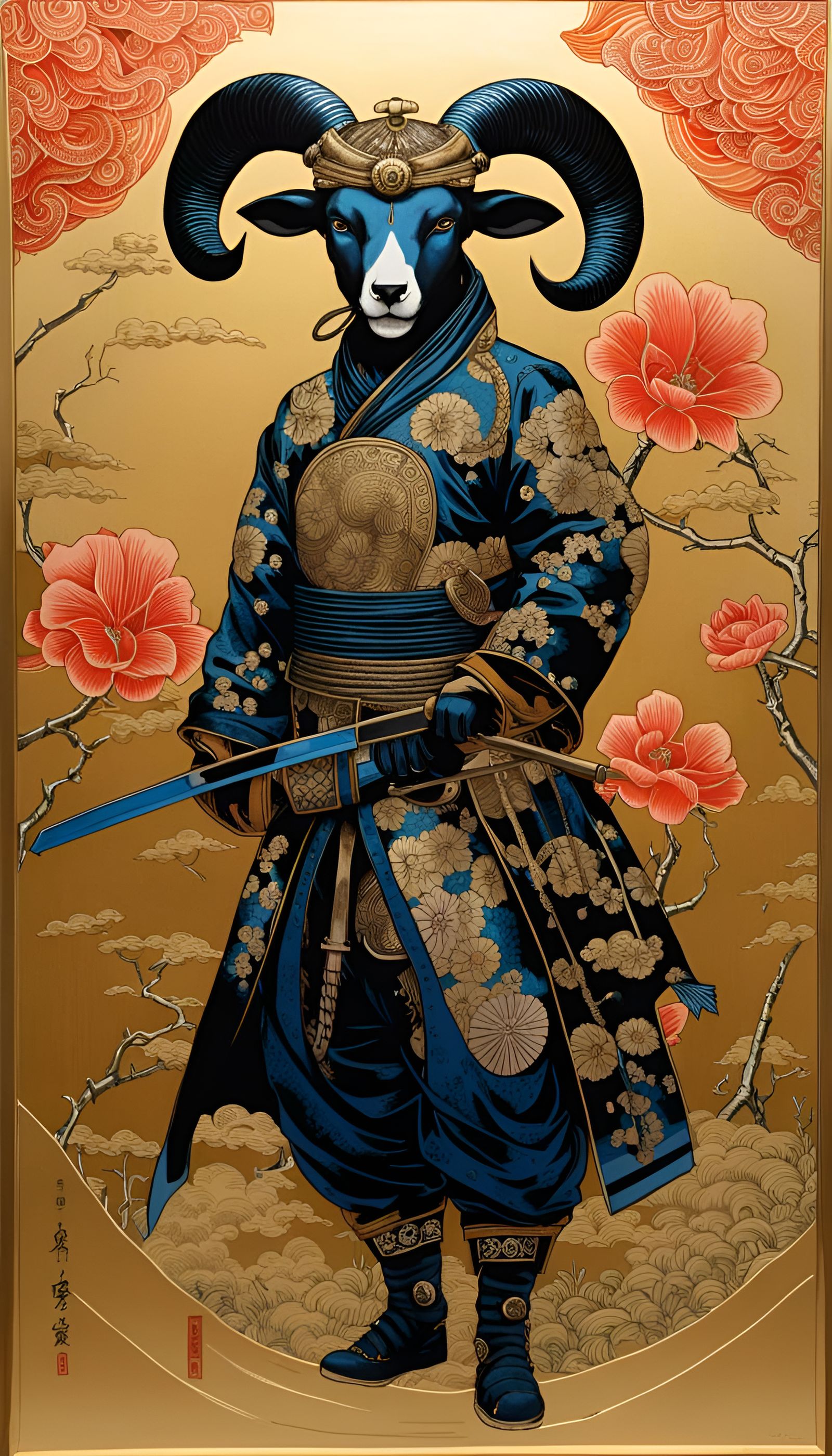Futuristic Samurai Aries in Chinoiserie Style