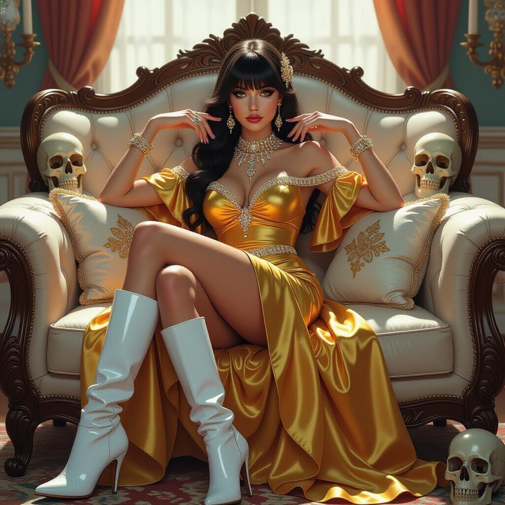 Goddess on Luxurious Sofa with Smug Expression