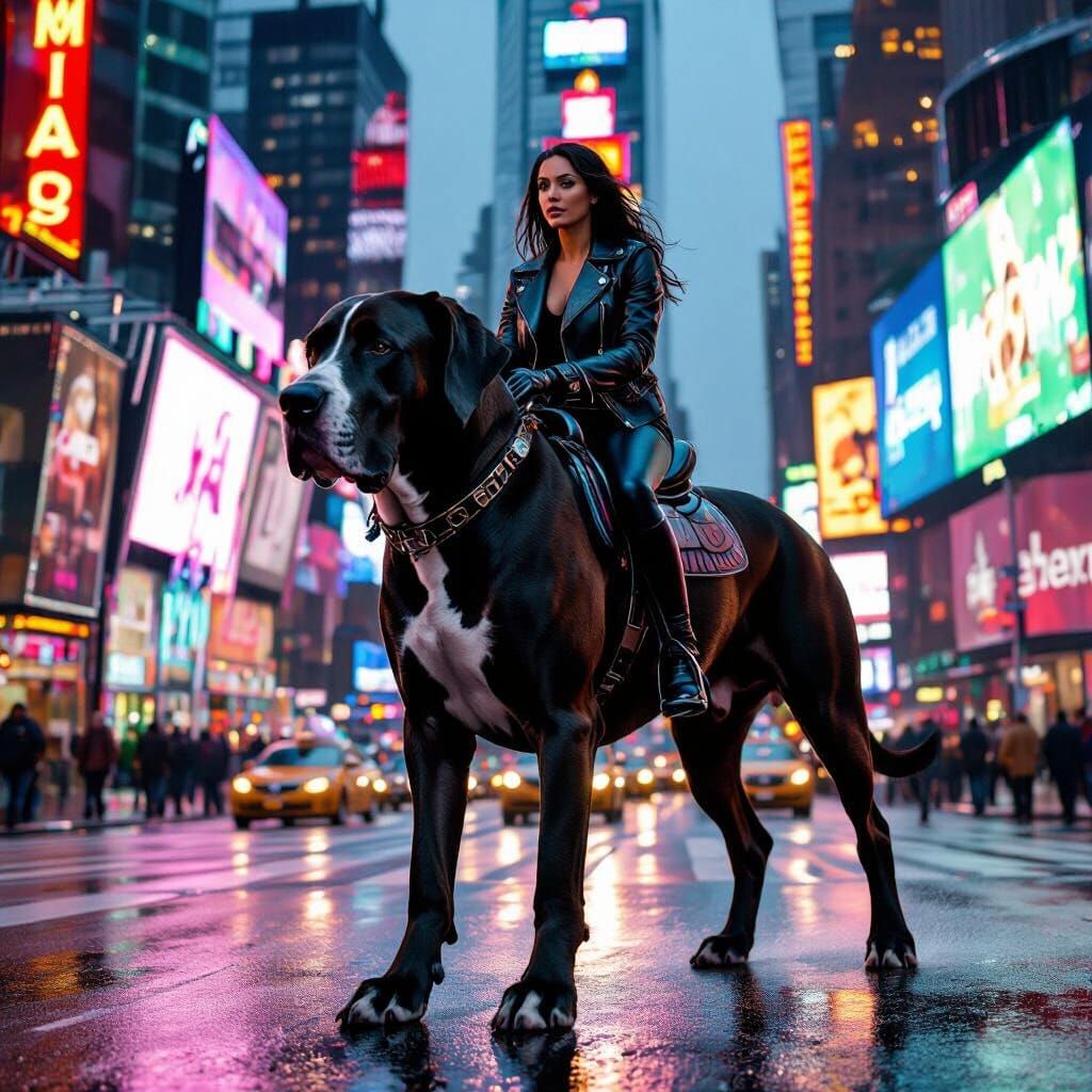 Woman Rides Giant Great Dane Through Neon Times Square