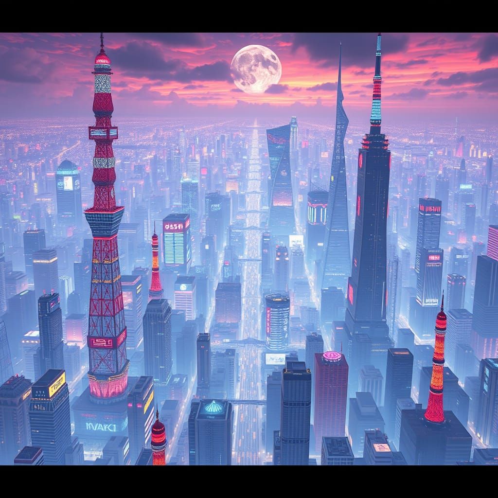 Surreal Futuristic Japan Metropolis in Cyberpunk Aesthetic