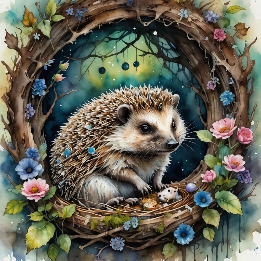 Hedgehogs Hibernating with Music Box, Watercolor Style