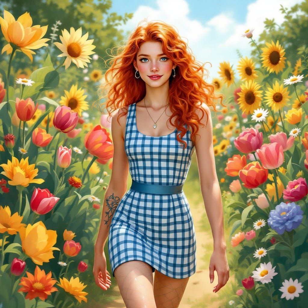 Ethereal Young Man Strolls Through a Vibrant Flower Garden i...