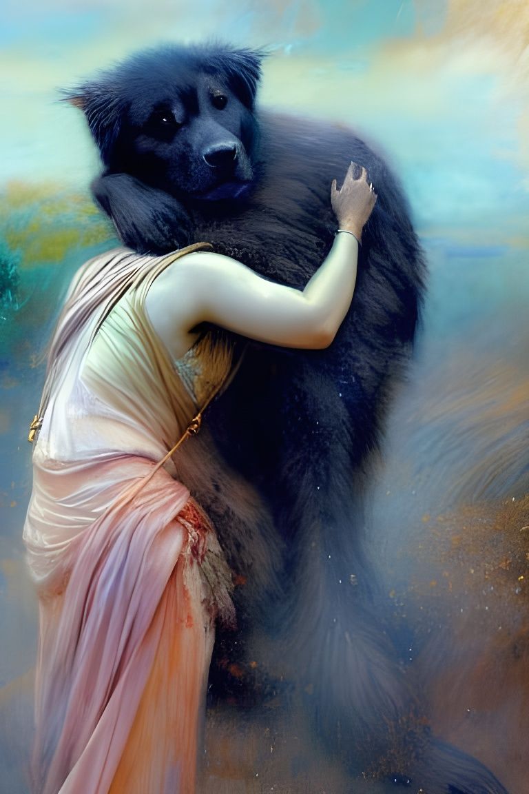 Goddess Hugging Dog: Gouache and Watercolour Painting