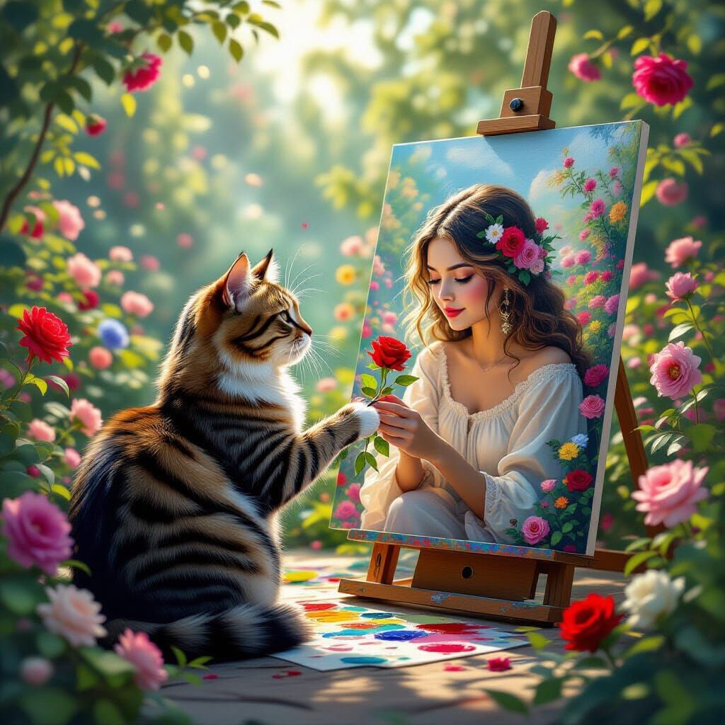 In a serene garden filled with colorful flowers, a tabby cat...