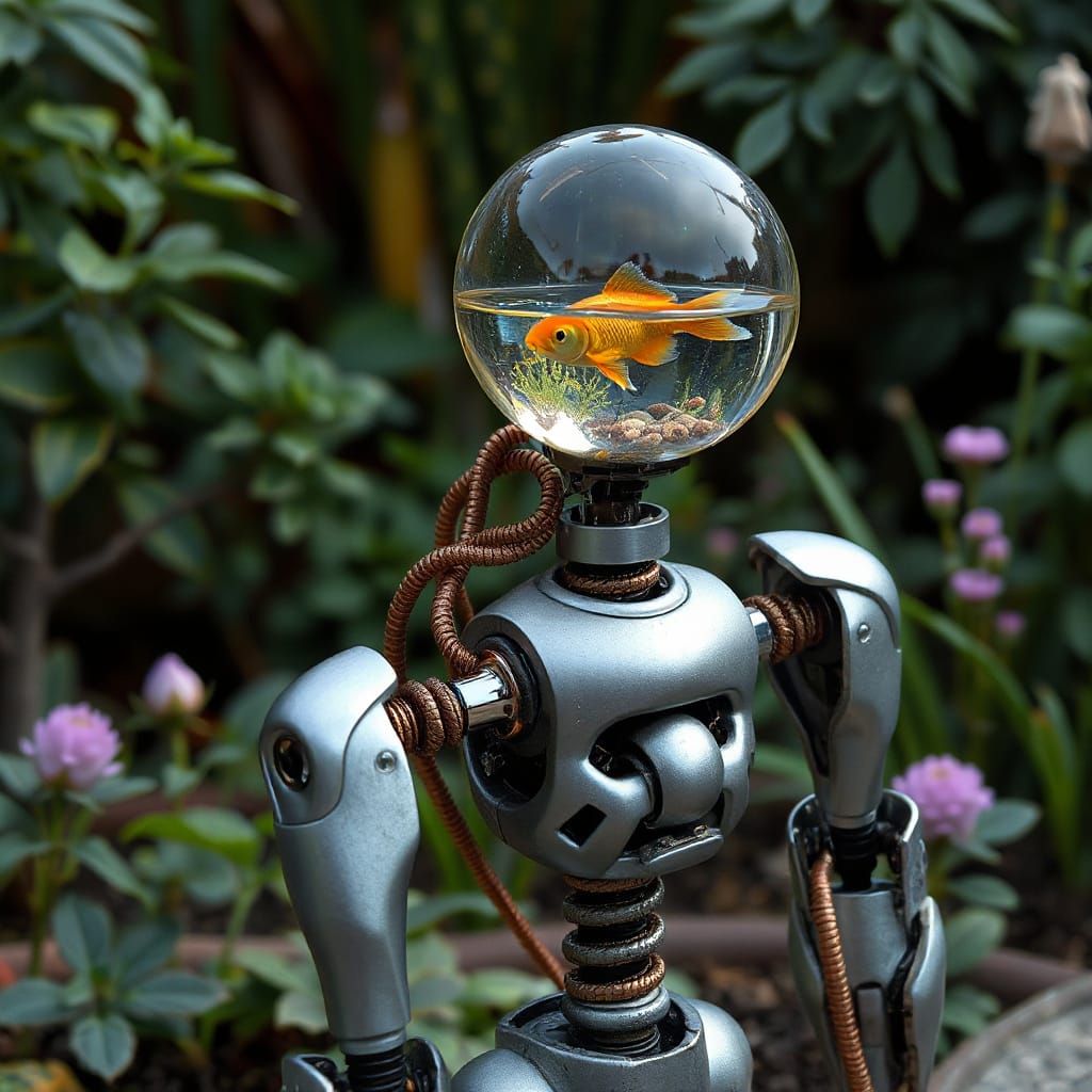 Titanium Robot with Crystal Head in Futuristic Garden