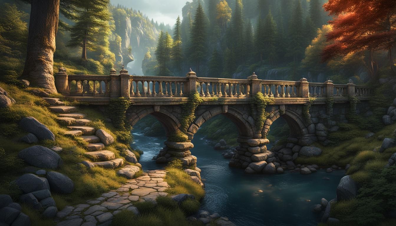 Stone Bridge Over Pine Gorge: Matte Painting