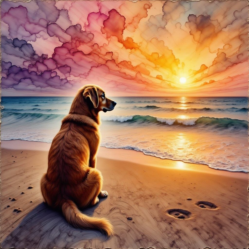 Golden Retriever Watches Ocean Sunrise in Oil Painting Style