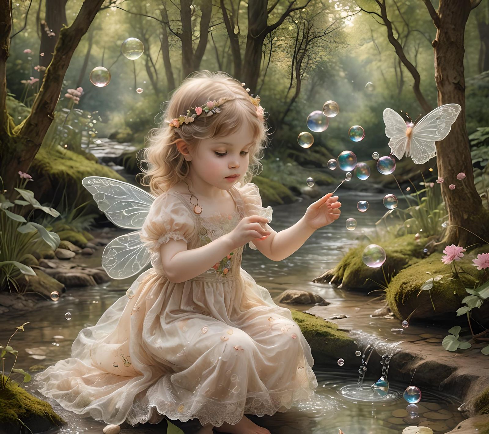 Fairy Child with Kitten Playing with Bubbles
