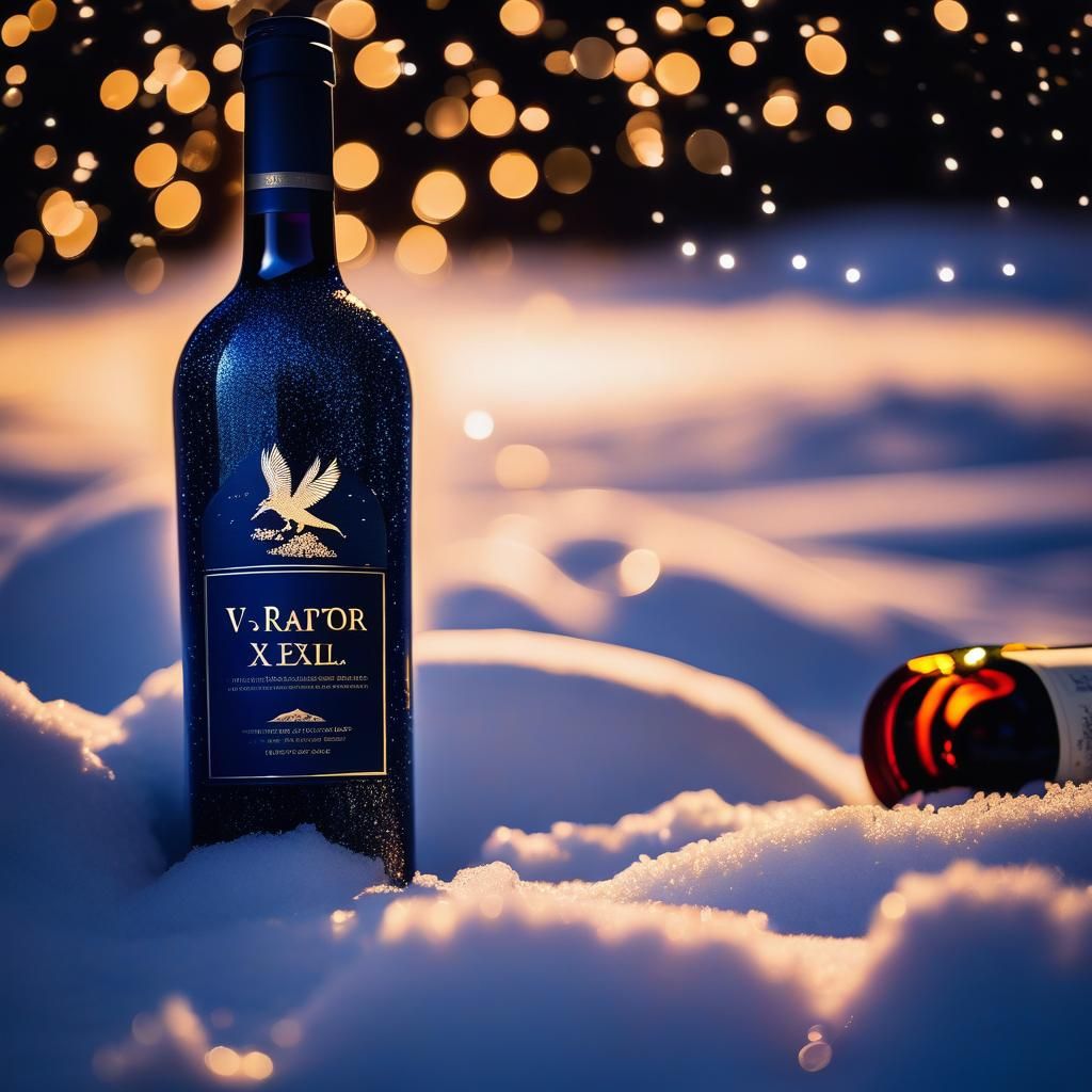 Wine Bottle on Snow at Midnight: Cinematic Still
