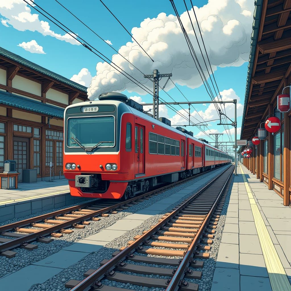 Steam Train Arriving at Rustic Station in Manga Style