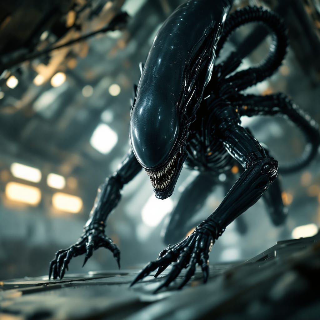 Female Xenomorph Crawling on Spaceship Ceiling