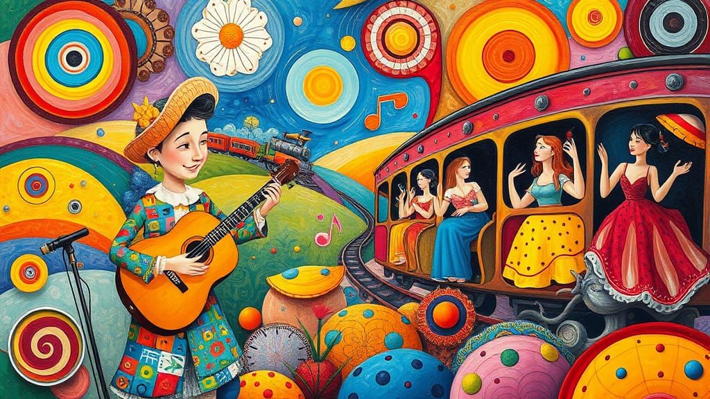 Joyful Musician in Whimsical Landscape