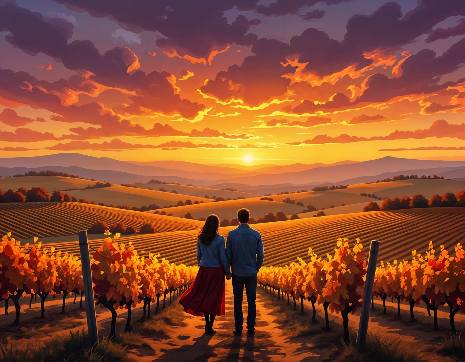 Romantic Autumn Vineyard Sunset in Caspar David Friedrich St...
