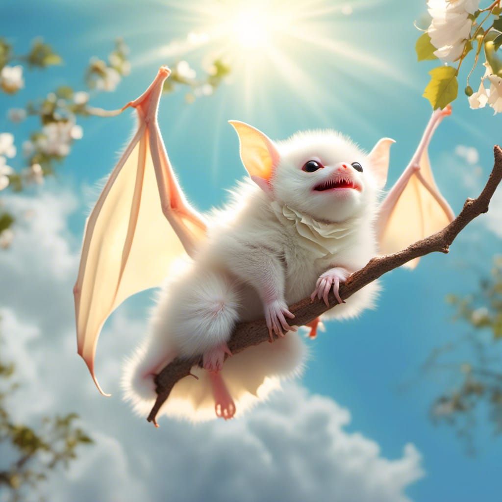 Happy little albino bat in sunlight