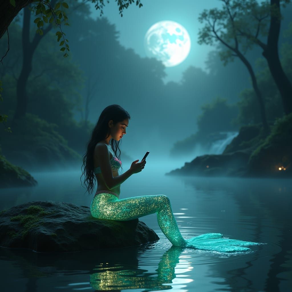 Moonlit Mermaid in Mystical Forest Lake
