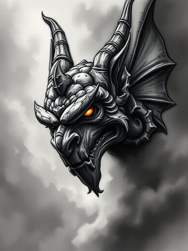 Gargoyle, charcoal sketch, amazing shading, high detail, line drawing, encaustic, Gothic Art, Andy Warhol, Camille Pissa...