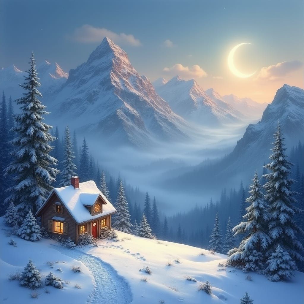 Winter Wonderland Scene in Whimsical Oil Painting Style