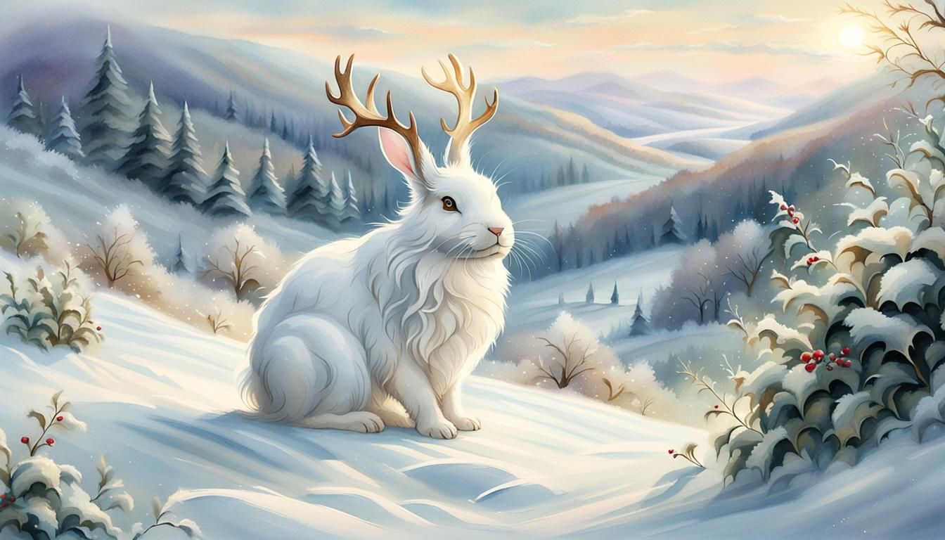 Angora Jackalope in Winter Meadow, Watercolor Style
