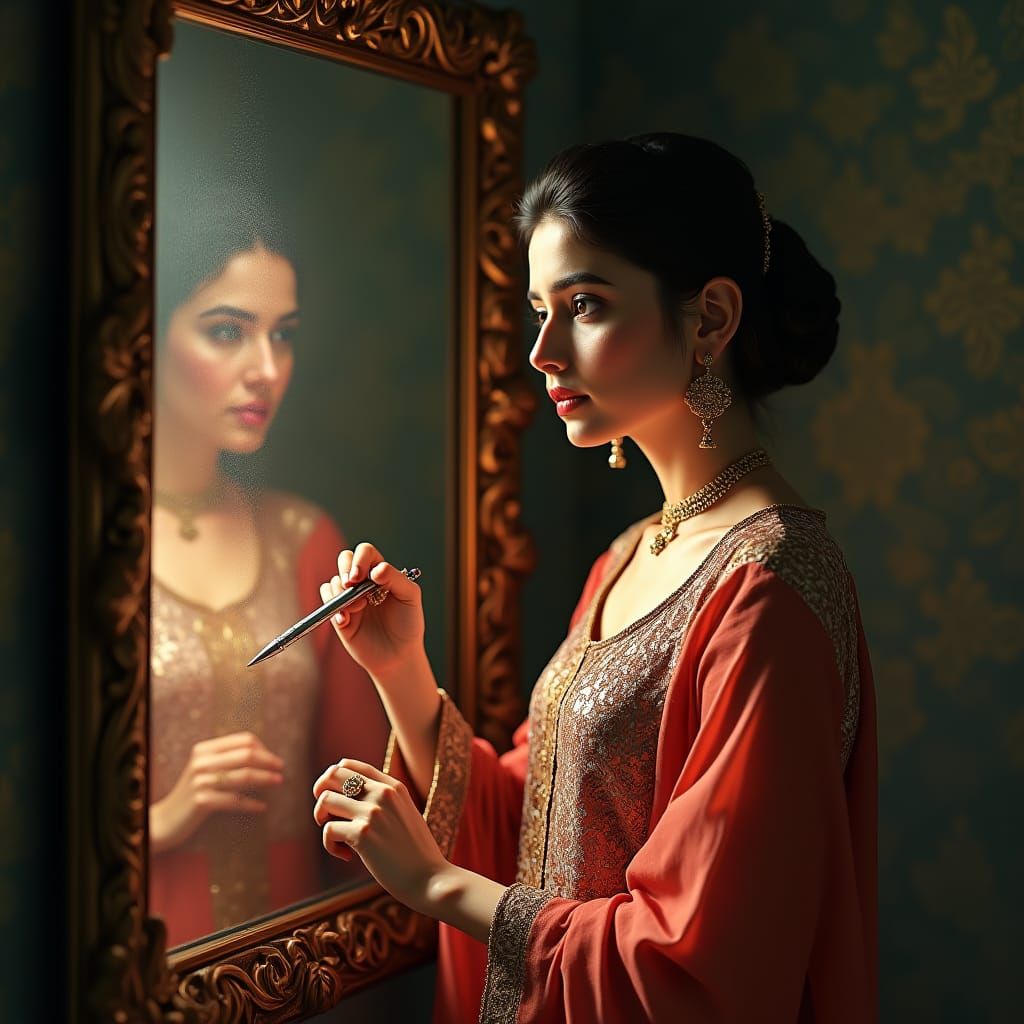 Woman in Kurti Portrait with Antique Mirror