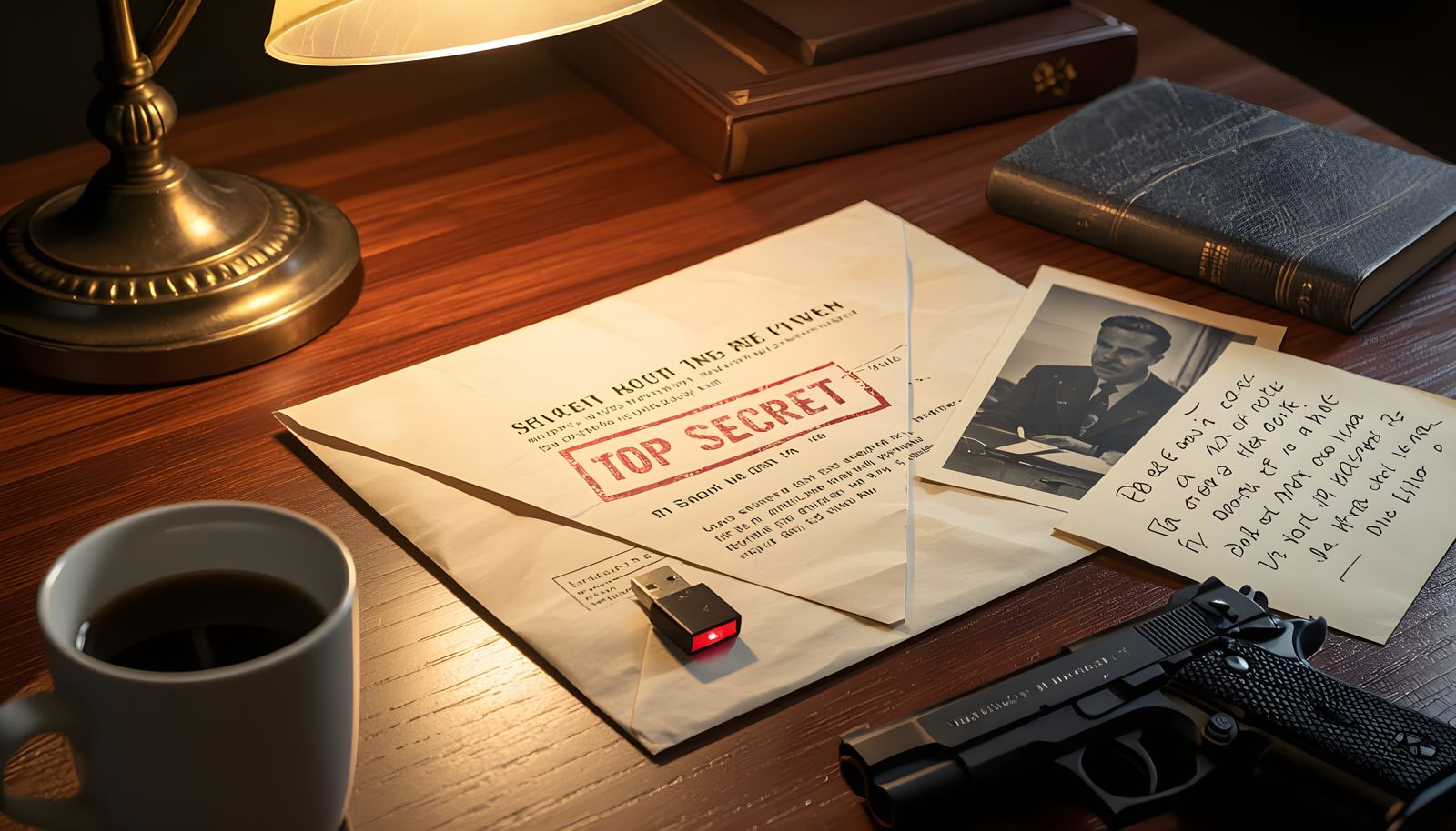 Film Noir Desk Scene with Secret Documents
