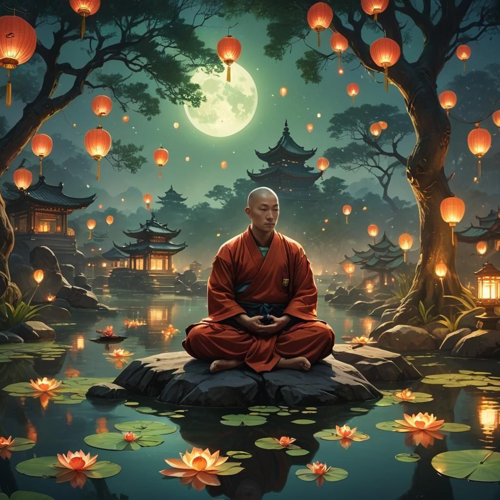 Shaolin Monk Meditates Under Starry Sky