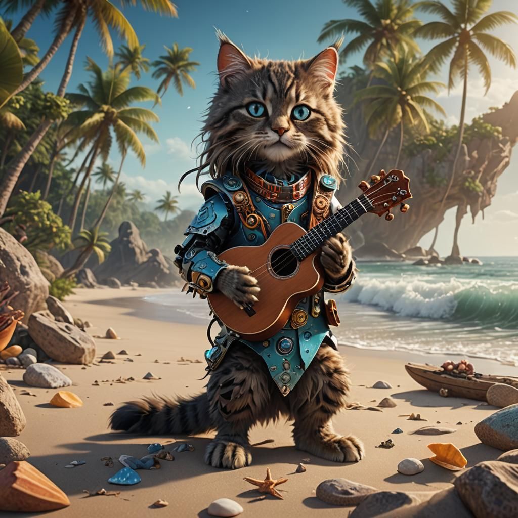 Robot Kitten Plays Ukulele on Tropical Beach