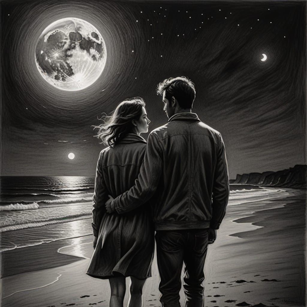 Lovers Embrace on Moonlit Beach: Charcoal Drawing