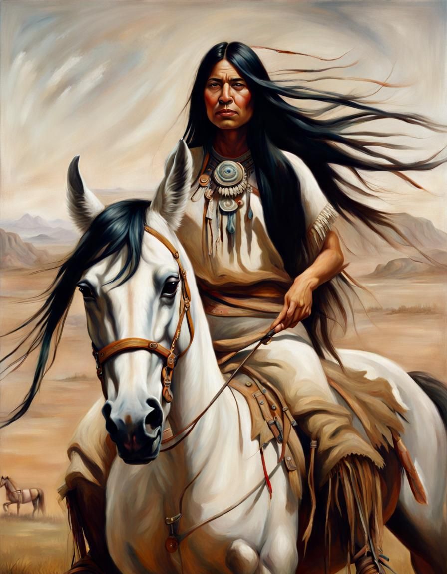 Native American Woman Riding Horse Oil Painting