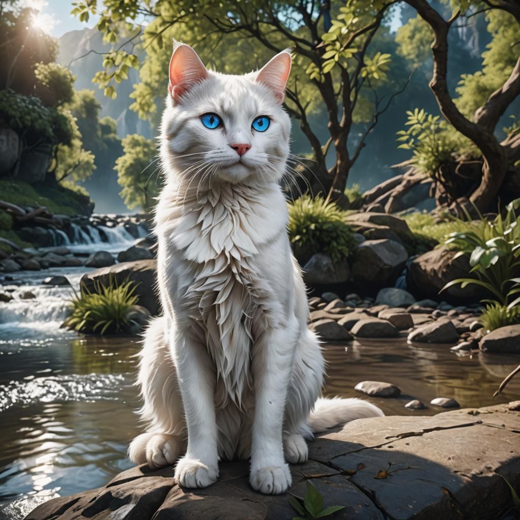 Blue-Eyed White Cat by a River, Fantasy Concept Art