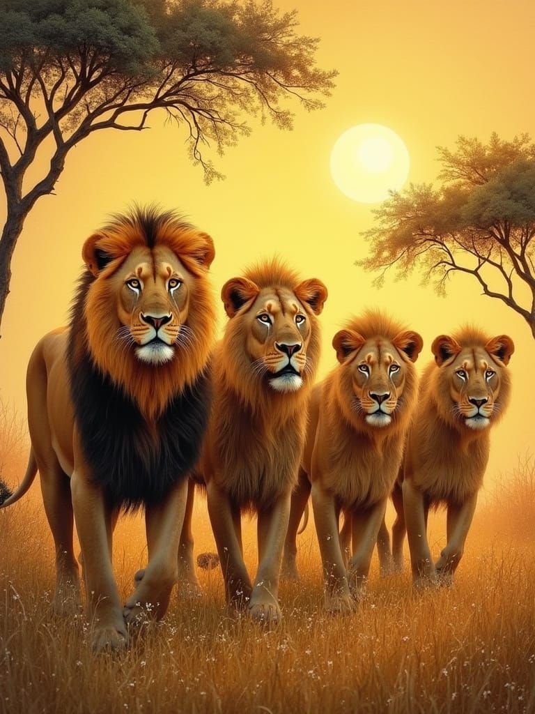Majestic Lions in a Vibrant Savannah Landscape