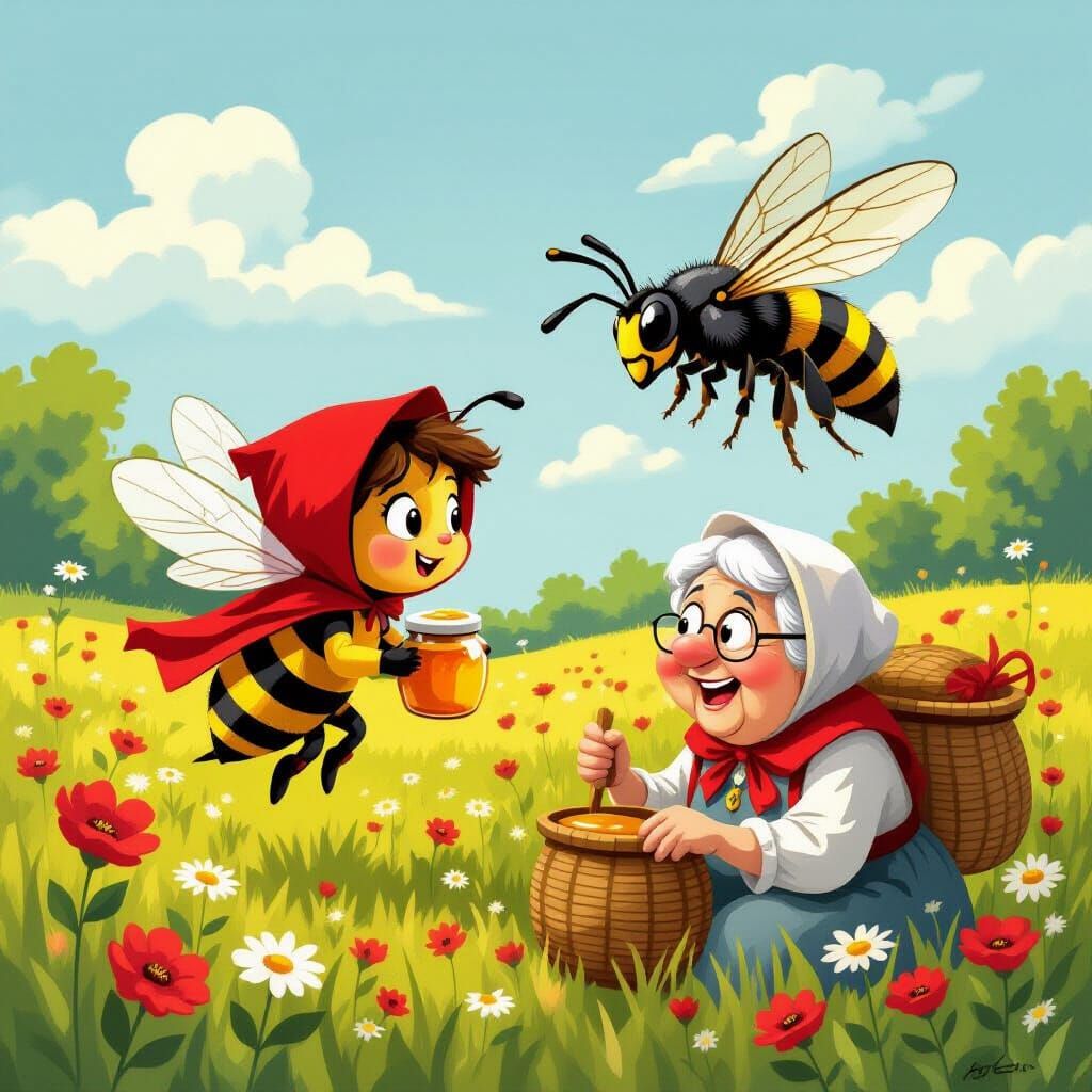 Little Red Riding Hood Bee Visits Grandmother in Oil Paintin...