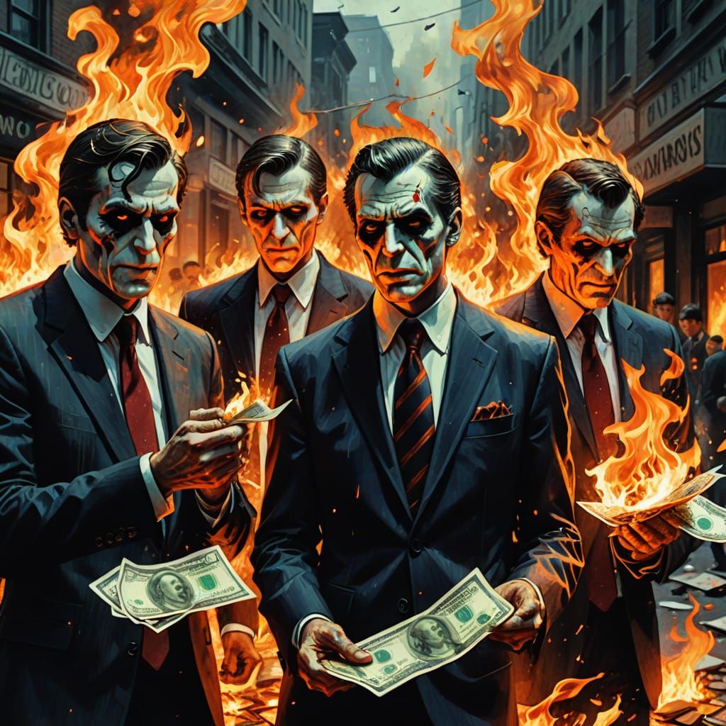 Avant-Garde Businessmen Burning Money: Comic Collage