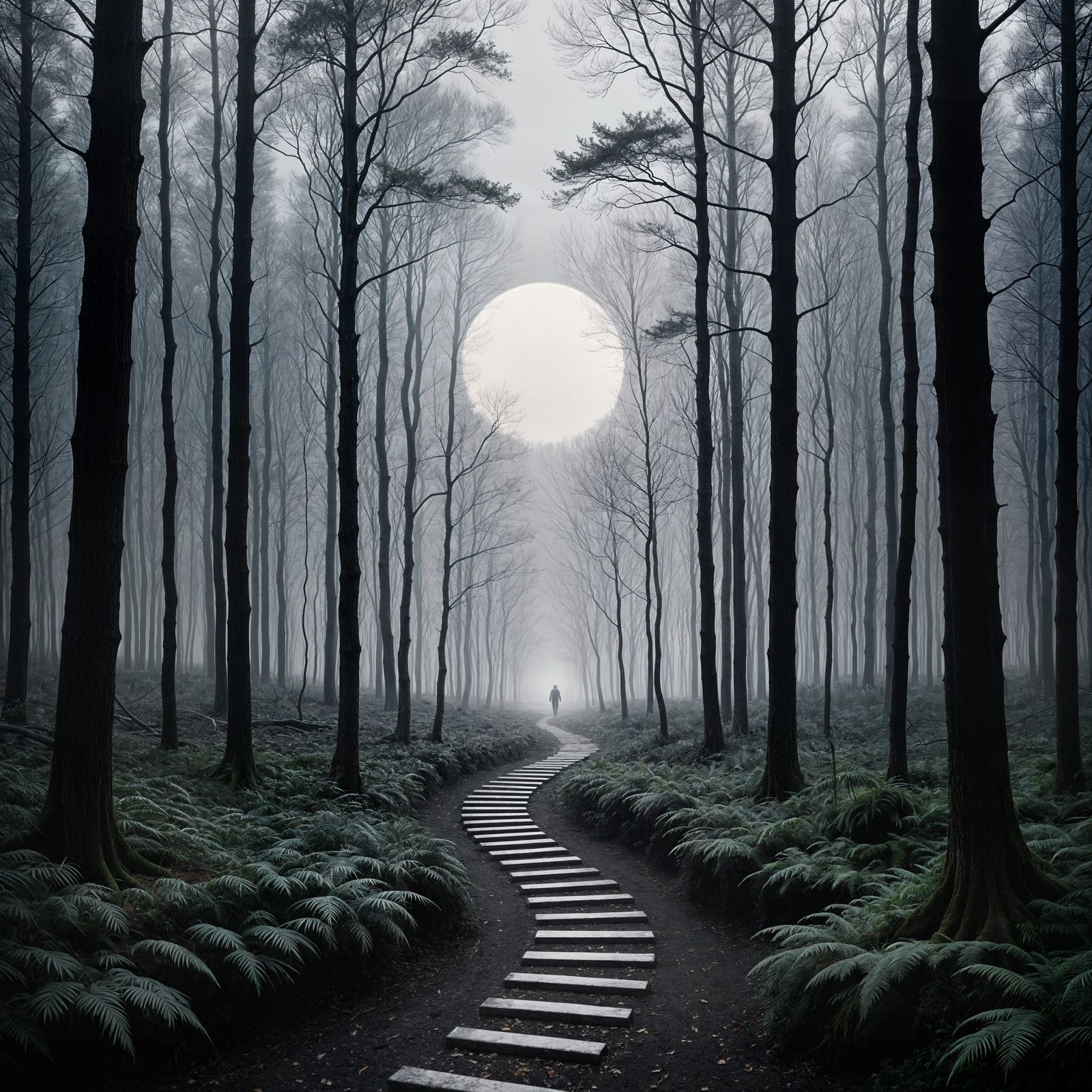 Mysterious Journey Through Abstract Forest in White and Blac...