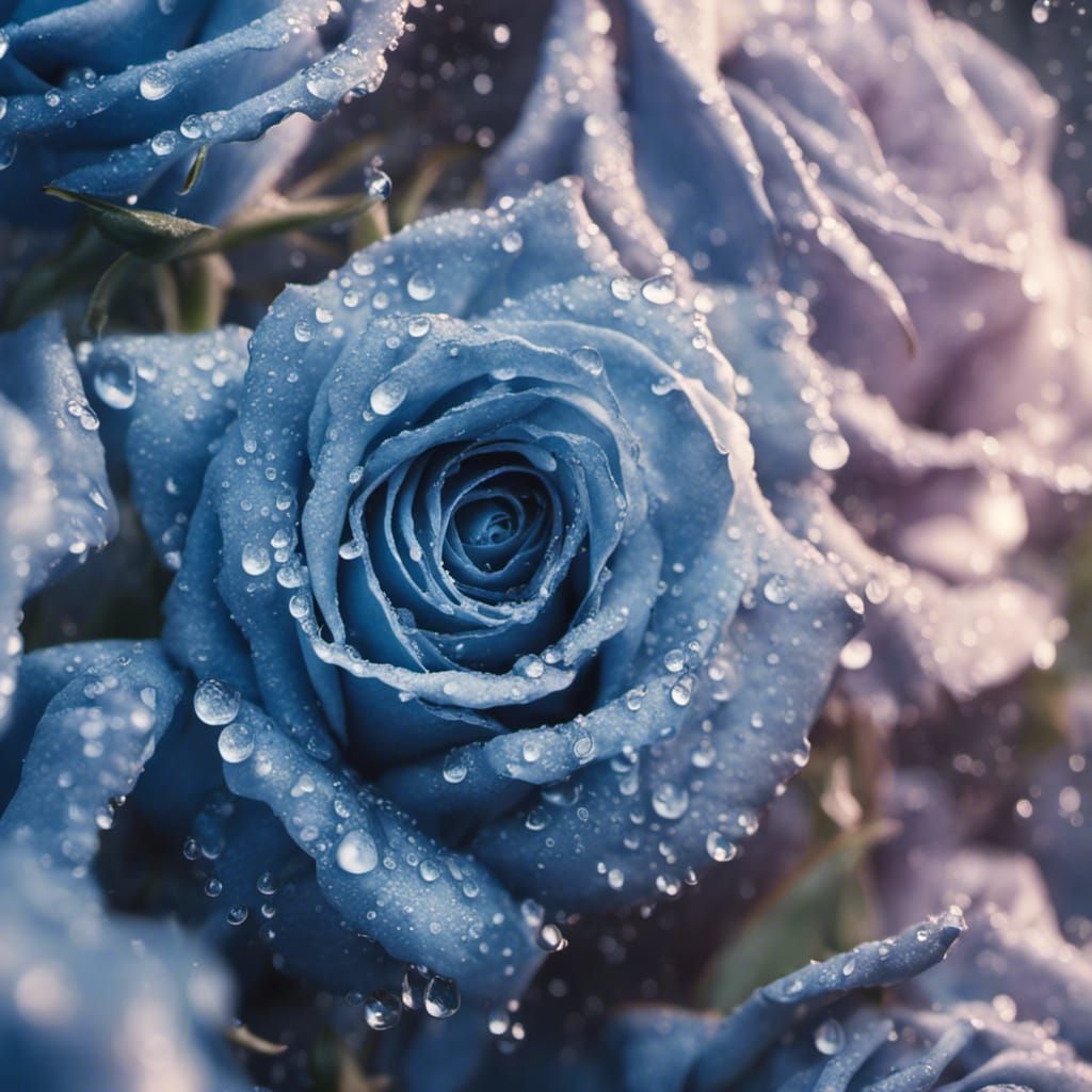 Macro Photo of Blue Roses with Dewdrops