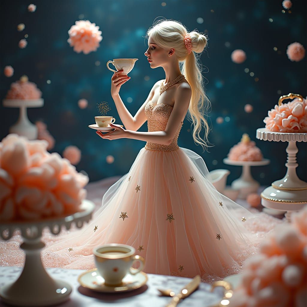 Cosmic Tea Party in Space: A Surreal Scene