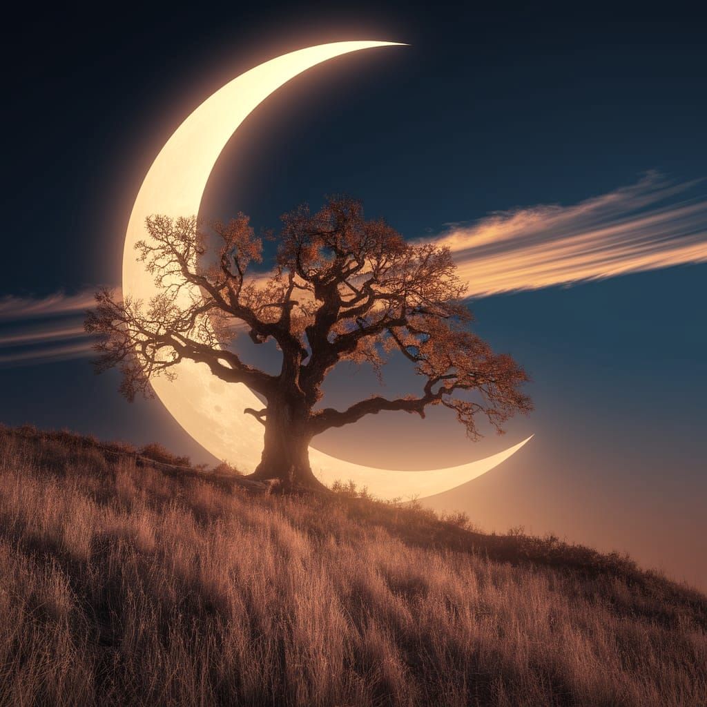 Ancient Oak Tree Against a Colossal Crescent Moon