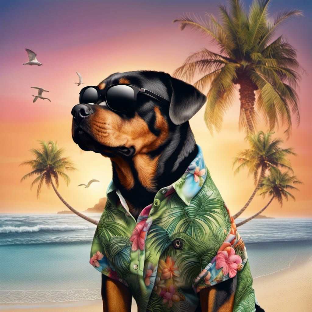 Rottweiler and Cat Beach Vacation in Detailed Painting