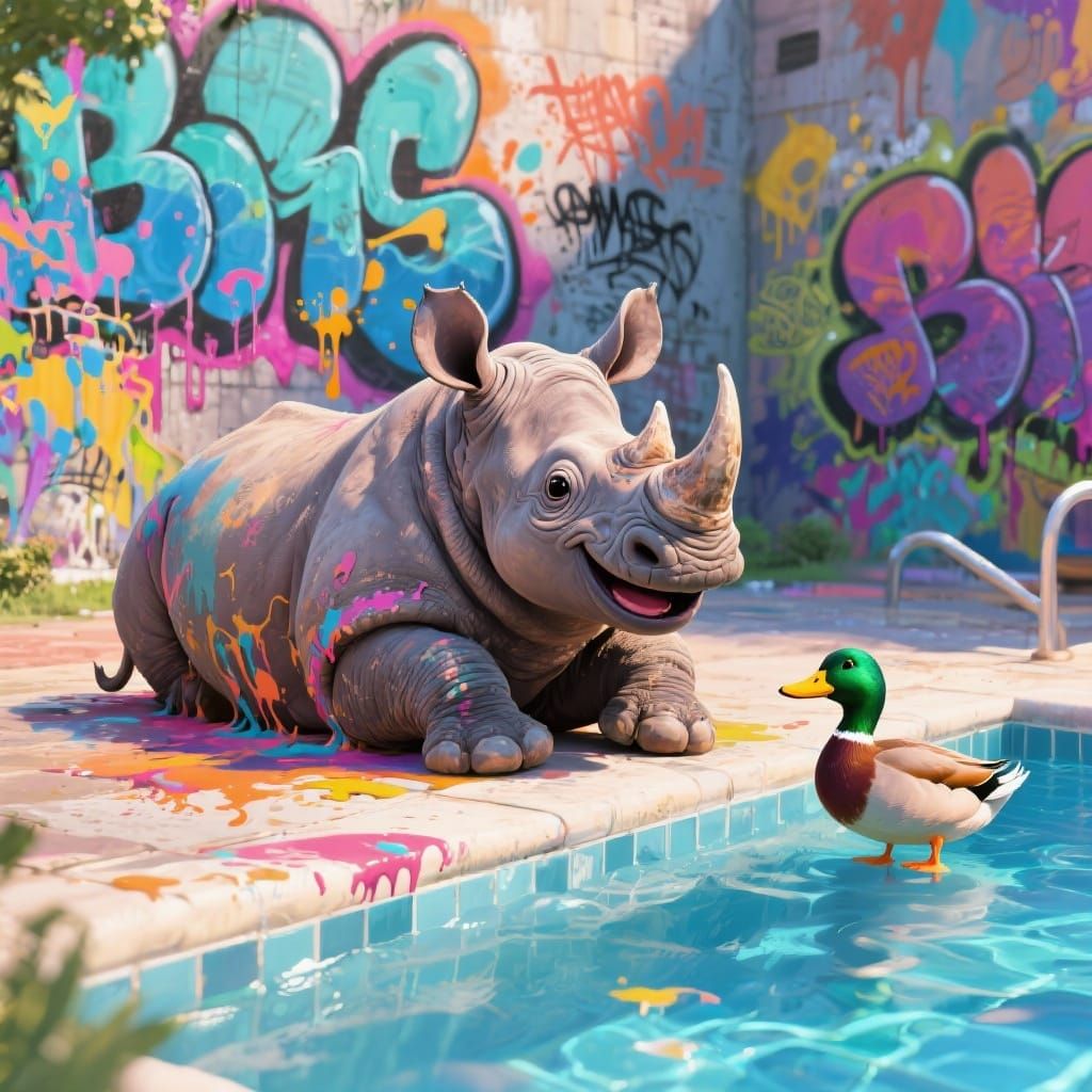 Cute Rhino Relaxing by Pool, Baffled Duck, Graffiti Art