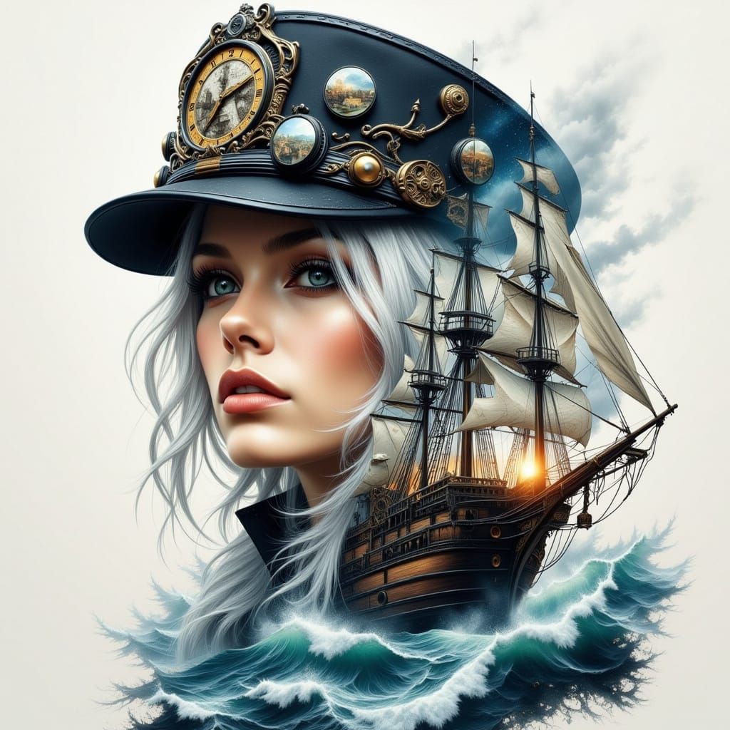 Steampunk Ship Double Exposure Sketch