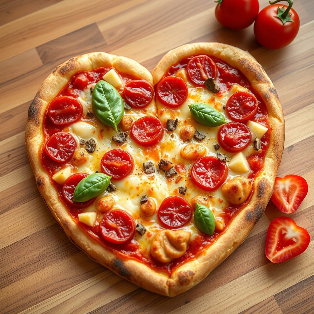 Delicious Heart-Shaped Pizza in Hyperrealistic Style