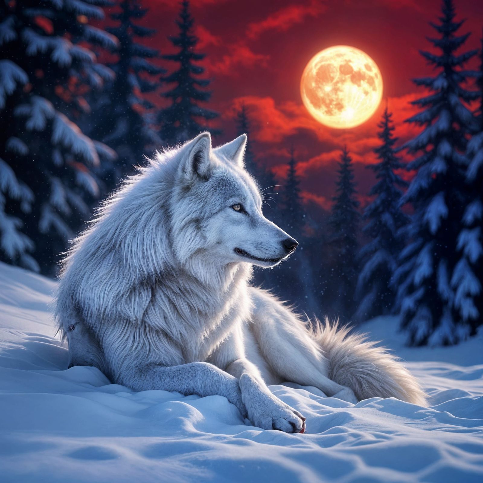 White Wolf in Deep Red Forest Under Moonlight