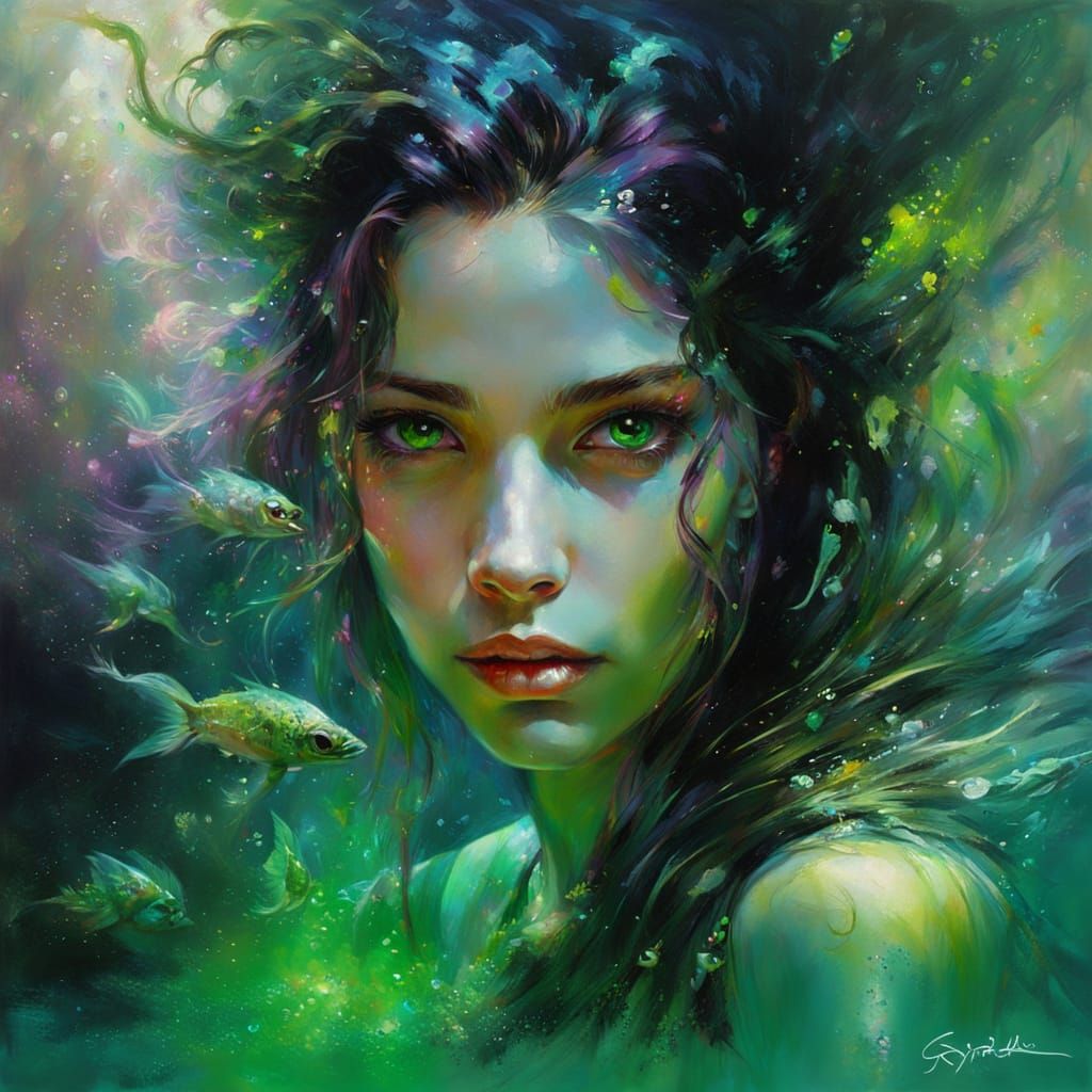 Ethereal Green-Eyed Mermaid in Neon Glow