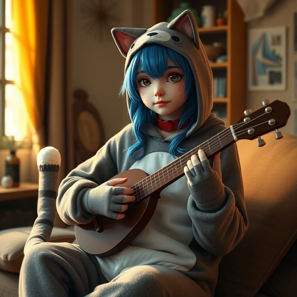 Charming Girl Plucks Baglama in Cozy Home