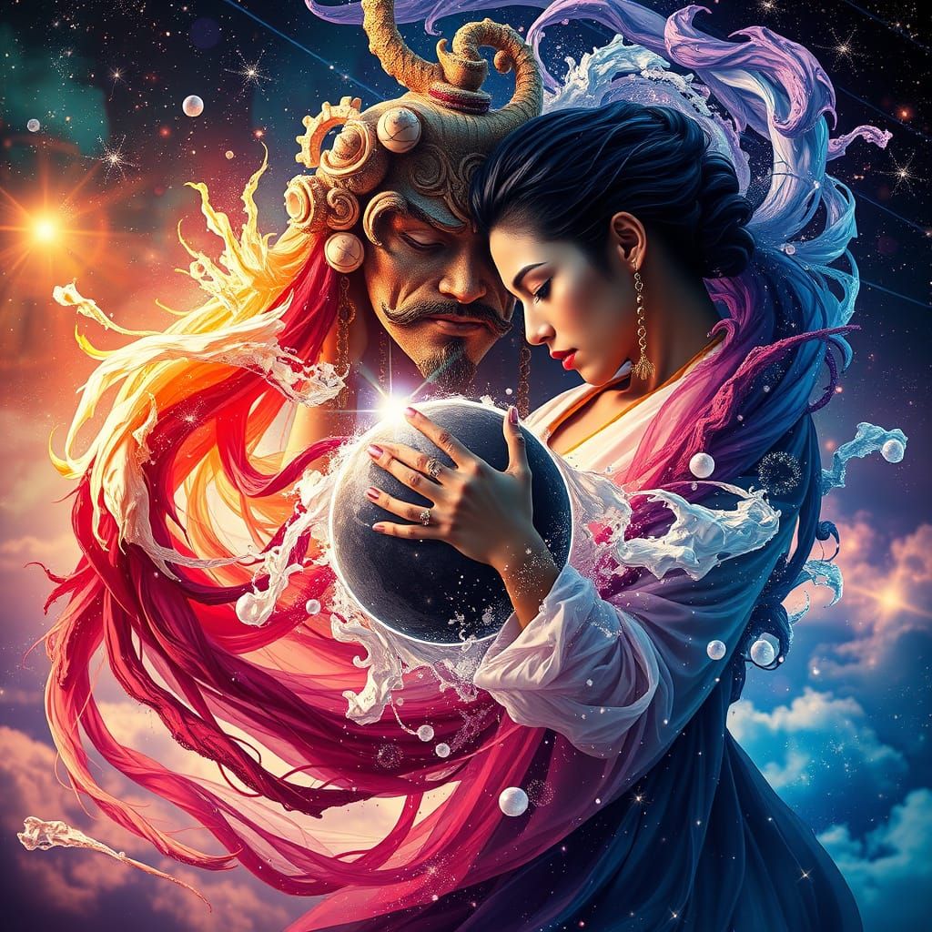 Celestial Yin Yang Dance in Hyperrealistic Splash Art
