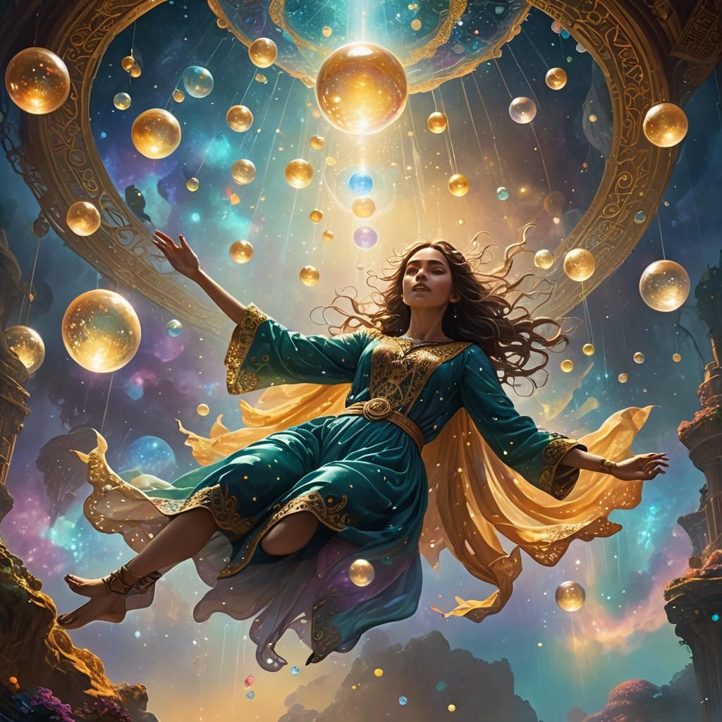 Mystical Woman Floating in Dreamlike Realm