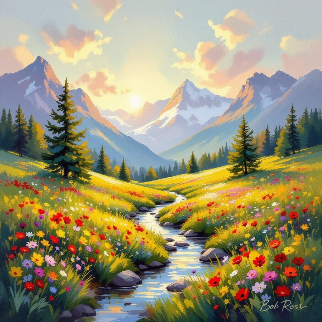 Alpine Meadow with Mountains in Oil Painting Style