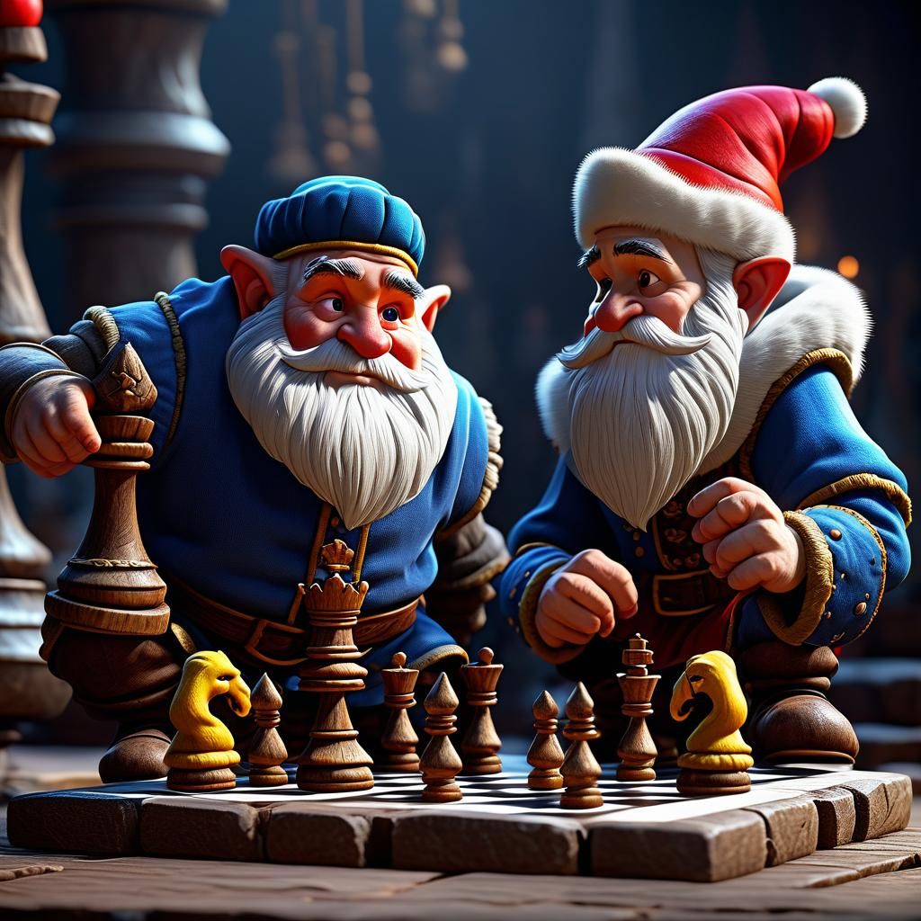 Grumpy Dwarf from Disney's Snow White plays chess with Merry...