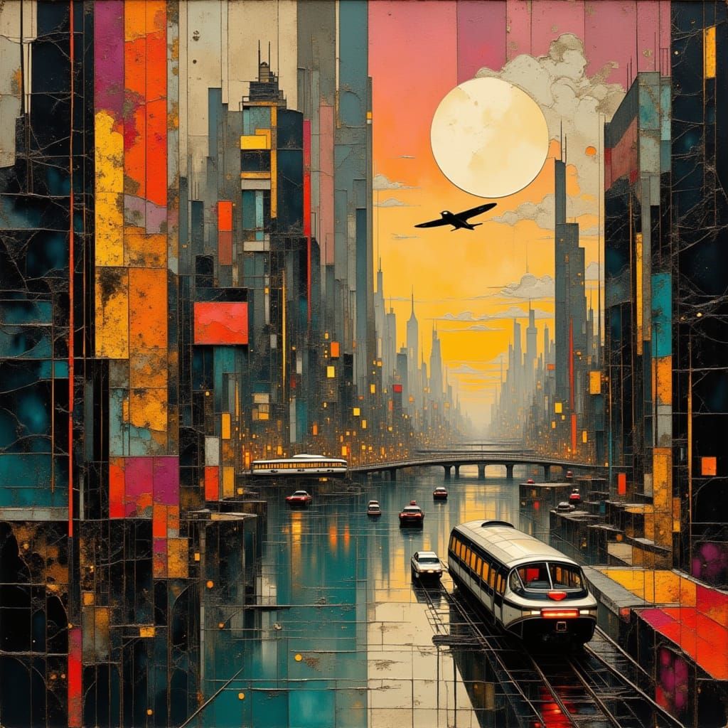 Twilight Cityscape with Double Moon and Flying Cars