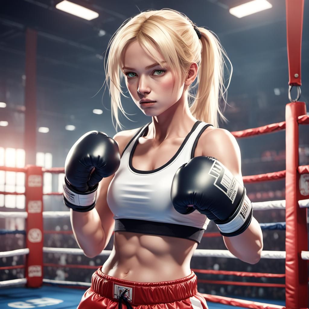 Blonde Boxer Poses in Ring: 3D Anime Art